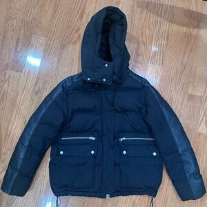 Black Puffer Jacket with leather trim